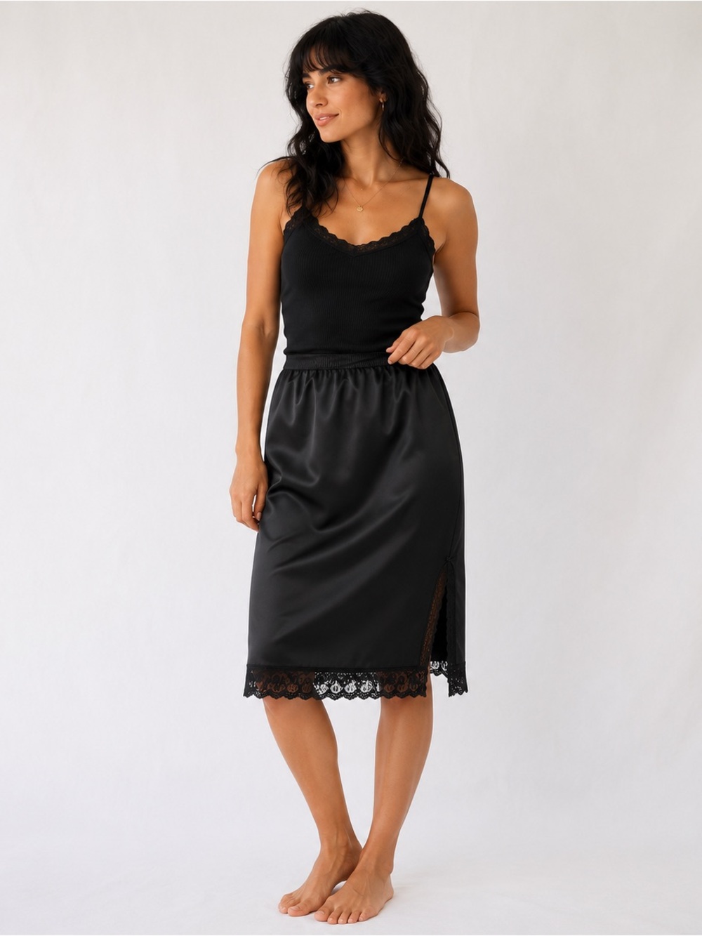 Vintage Sliperfection Black Half Skirt Slip with Lace Hem Size S